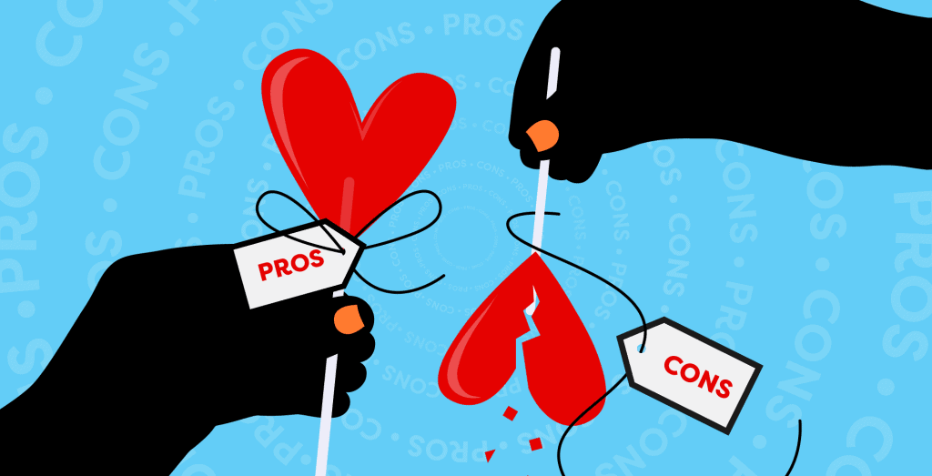 Two heart-shaped lollipops labelled pros and cons on a blue background
