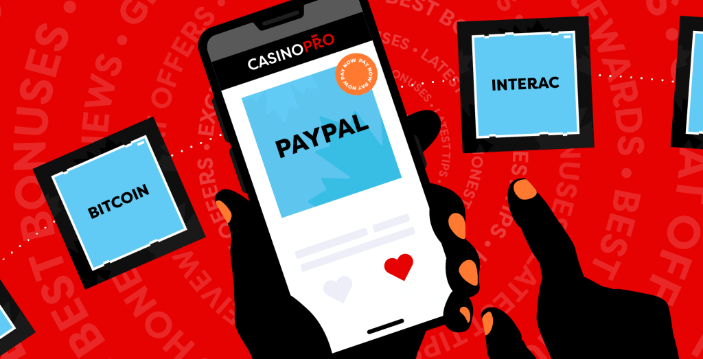 A hand holding a mobile with 'PayPal' on the screen. Other payment options including Interac and Bitcoin represented.